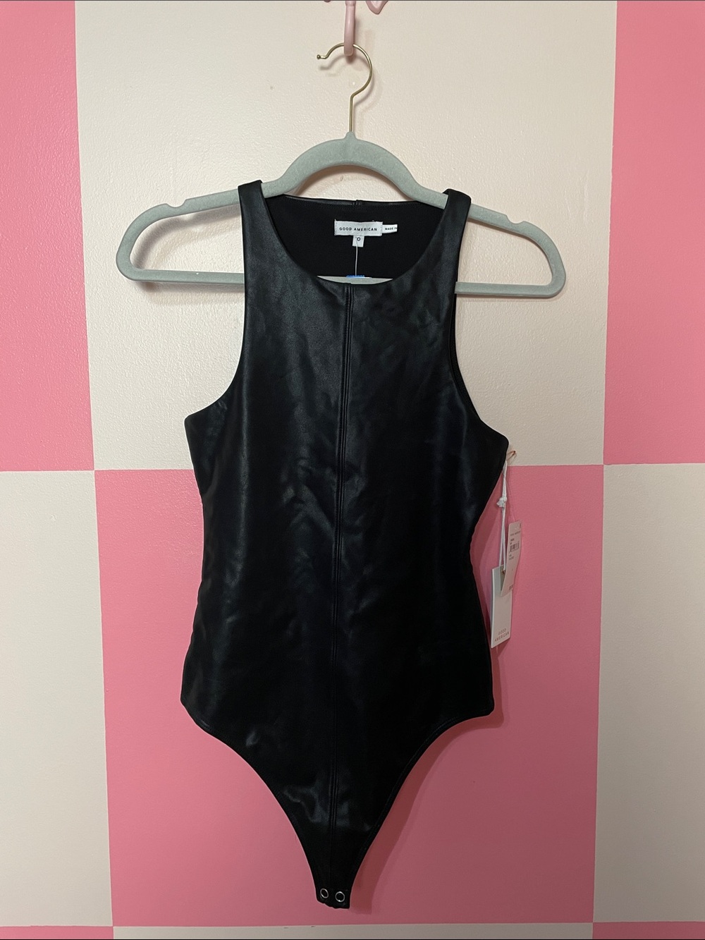 Good American Black Faux Leather Bodysuit
